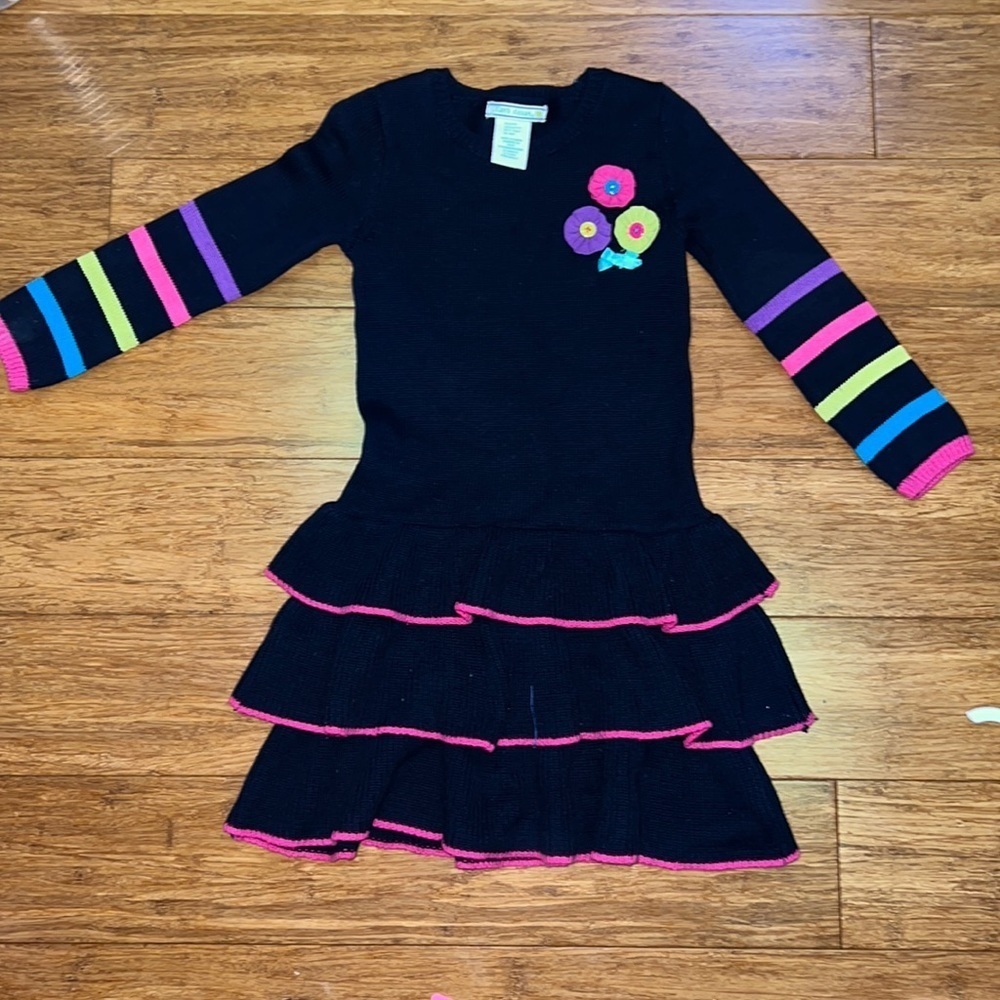 Jillian’s closet girls navy sweater dress with rainbow stripes and ruffles! 3-4
